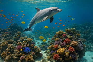 Dolphin (Delphinidae) swimming gracefully above a vibrant coral reef, surrounded by colorful marine life.
