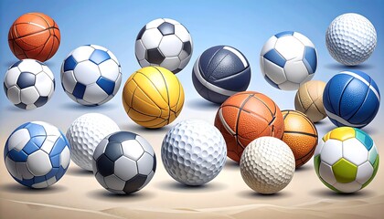Assorted sports balls on a sandy beach