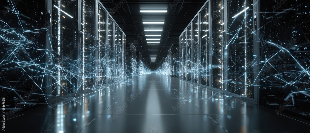 Poster server room: a modern server room, bathed in cool, futuristic lighting, showcasing the core of data 