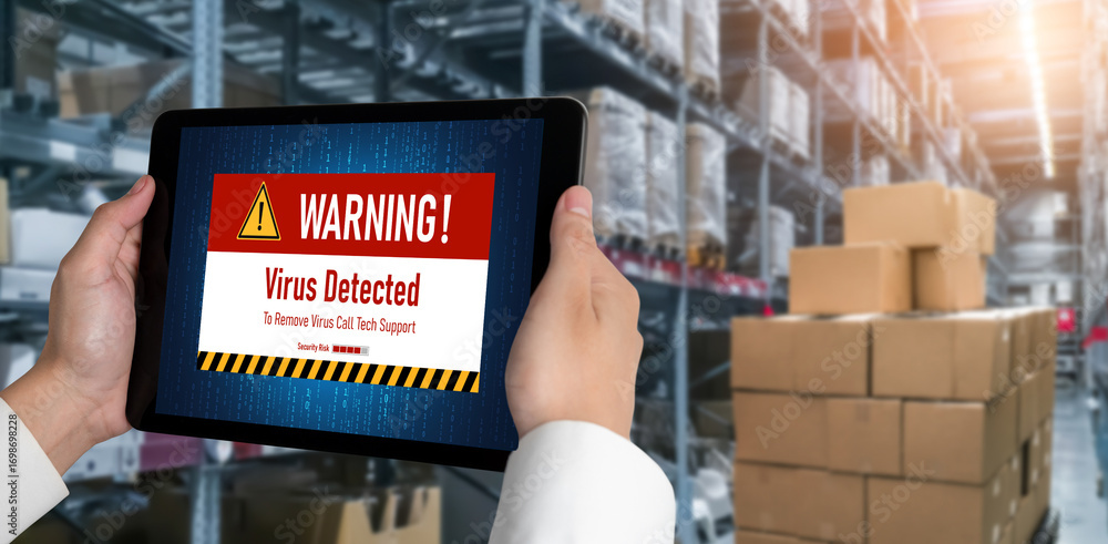 Poster virus warning alert on computer screen detected modish cyber threat , hacker, computer virus and mal