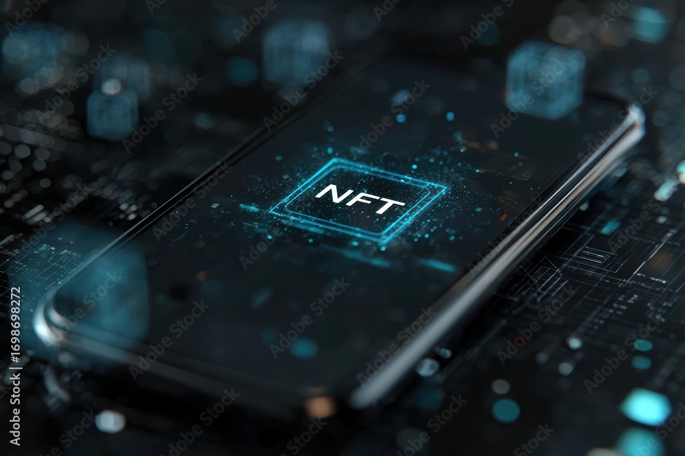 Poster nft on mobile: a contemporary digital image showcasing a mobile device featuring the nft, illuminate