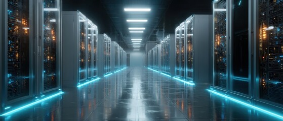 Digital Realm: A futuristic data center corridor, illuminated by neon lights, exemplifies modern technology and digital infrastructure