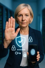 A woman holding a phone demonstrating digital security, with a server room in the background 