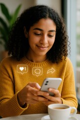 a lady interacting with social media on her smart phone, engaging online and connecting with likes, comments, and shares. Enjoying coffee