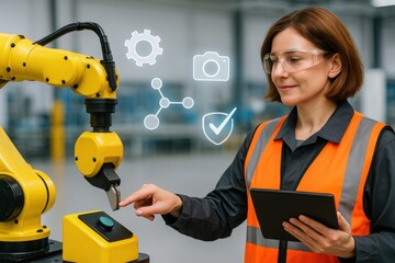 a woman in protective gear operating a robotic arm in an industrial setting