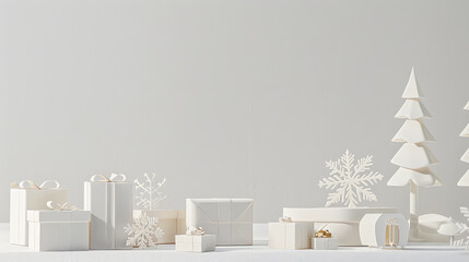 A collection of white Christmas gifts and decorative snowflakes and trees are arranged on a minimalist table, creating a serene holiday atmosphere filled with festive charm and elegance