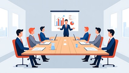 Diverse business team collaborating in modern conference room presenting financial data