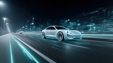 Fototapeta premium Cutting-Edge Ride in the Night: Experience the future of automotive design and technology as a sleek, self-driving electric vehicle glides through a futuristic urban landscape at night.