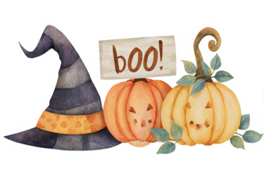 watercolor halloween pumpkins with witch's hat, scary flags, autumn dry leaves. cute illustration on transparent background. clip art cut out stickers for invitations, greeting card, border frame