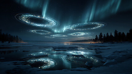 Aurora borealis lights over frozen lake winter landscape night sky scenic view northern lights wallpaper
