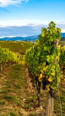 Rows of grapevines in a vineyard, autumn colors