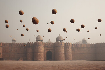 Red fort delhi india travel tourism landmark architecture ancient history building with floating spheres art