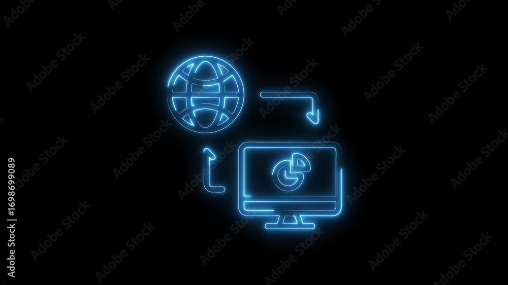 Aufkleber data analytics neon icon connecting globe to computer display with pie chart visualization