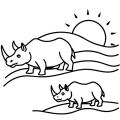 Whimsical rhinoceros duo under the African sun, a clean and playful line art design perfect for educational materials, children's books, and conservation campaigns