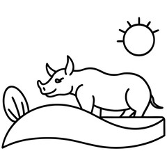 Stylized rhino illustration prancing under the sun, an adorable animal outline for children's books and educational resources, radiating nature's beauty and wildlife charm