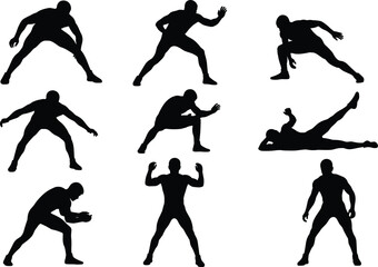 Silhouettes of athletic men stretching, exercising, warm-up poses, fitness training, workout routine, body movement, muscle flexibility, sports preparation.