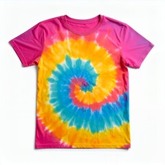 Vibrant tie-dye t-shirt with a spiral design in vivid colors apparel on white background
