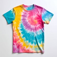 Vibrant spiraling colorful design on t-shirt top view apparel presented on white background