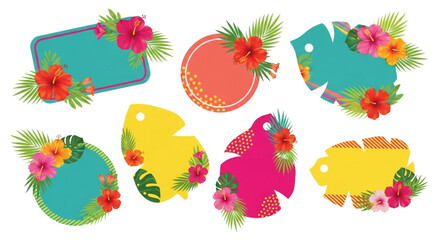 Set of colorful tropical frames and tags with hibiscus flowers and palm leaves for summer party invitations.
