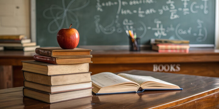 Classic wooden desk with stacked books, apple on top, and open book in classroom setting, chalkboard with math formulas in background, evoking studious atmosphere