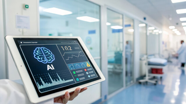 Digital tablet, artificial intelligence, medical data, and vital signs displayed in modern hospital corridor, highlighting advanced healthcare technology and innovation