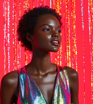 A stylish woman in an iridescent dress stands in front of shimmering tinsel lights. Festive fashion portrait with glowing skin and vibrant party aesthetics.