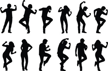 Silhouettes of dancing people, male and female figures, dynamic poses, movement, joy, celebration, party, dance, energy, rhythm, freedom, fun