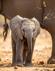 A young elephant, light gray skin, stands in the African savanna, with a larger elephant in the background
