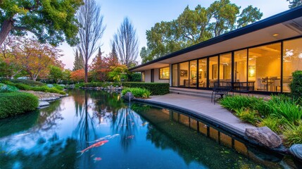 Tranquil garden scene with koi pond, modern architecture, and lush greenery at dusk