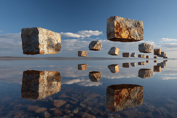Obraz na płótnie Canvas Floating stone blocks surreal landscape reflection art design abstract sky water background photography