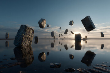 Floating rocks over water surreal landscape art digital rendering nature background wallpaper hd aesthetic art