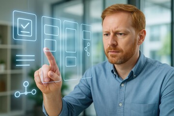 A concentrated person interacts with an interface