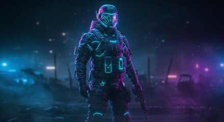 Neon Cyberpunk Soldier in Tactical Armor