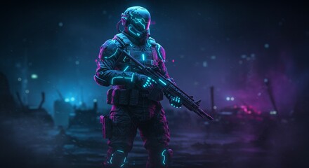 Fototapeta premium Neon Cyberpunk Soldier in Tactical Armor