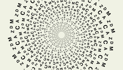 Abstract typographic spiral pattern made of random letters forming a hypnotic circular design. use for backgrounds, posters.