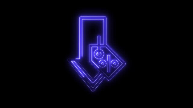 Neon arrow and percentage symbol glowing downward indicating price reduction and discount