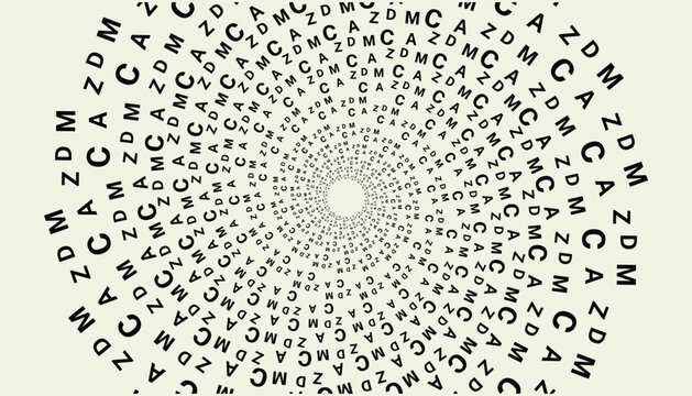 Abstract typographic spiral pattern made of random letters forming a hypnotic circular design. use for backgrounds, posters.