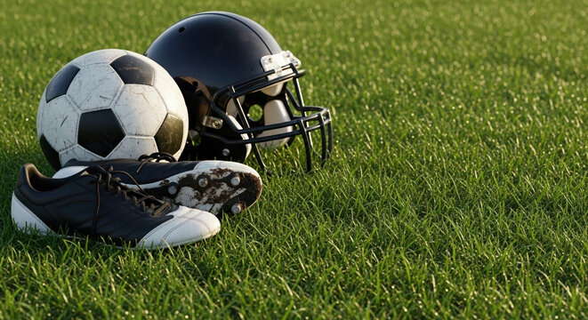 American football equipment including helmet, cleat, and soccer ball on vibrant green grass for sport. American football gear and cleat, along with soccer ball displayed for competition concept. - Powered by Adobe