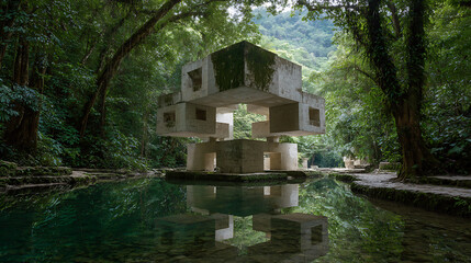 Fototapeta na wymiar Concrete structure in jungle mexico las pozas surreal garden architecture travel photography san luis potosi