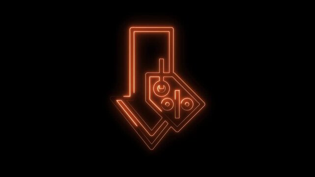 Glowing neon percentage price drop arrow animation on black background for sales and promotions
