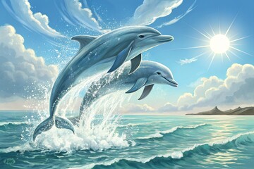 Pair of dolphins jumping out of water in sync, sun shining, feeling of joy and play