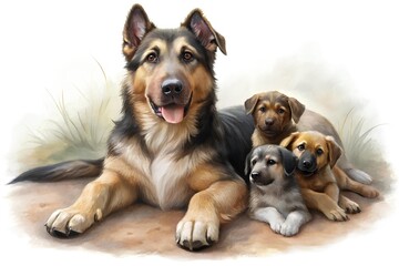 Fototapeta na wymiar Shepherd dog lying down, puppies playing around, sense of protection and home comfort