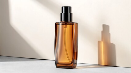 Naklejka premium Elegant Amber Bottle with Black Top and Reflected Shadow on Neutral Backdrop, Minimalist Presentation.
