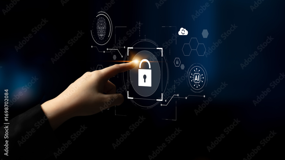 Poster ai cyber security system using biometric authentication and privacy control. cyber security protects