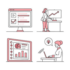 Virtual Classroom Set — Isolated Minimal Illustrations of Online Learning Tools