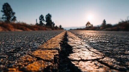 Cracked yellow line on asphalt road surface leads to the distant horizon. Illustrates journeys, challenges, opportunities, or the need for infrastructure.