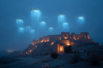 Nighttime fortress with ufo sighting landscape photography travel destination wallpaper background image 100