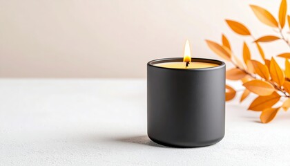 Fototapeta na wymiar Matte black candle with orange wax on white stone surface
