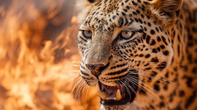 Close up of a leopard's face with an open mouth and sharp teeth in front of a blurred background