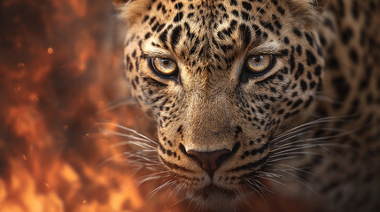 Obraz premium A close up of a leopard's face with intense eyes and a background of blurred orange and yellow hues